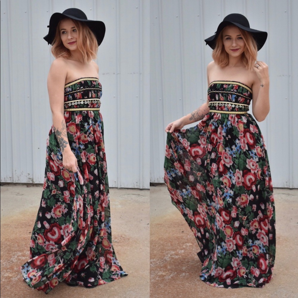 Pearl Black/Floral Gypsy Strapless Dress
